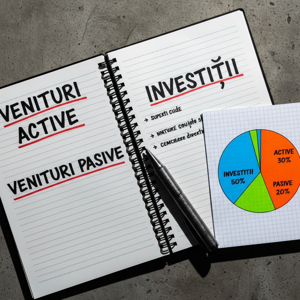 A black spiral notebook open on a concrete-textured table, each page filled with bold handwritten headings: “VENITURI ACTIVE”, “VENITURI PASIVE”, “INVESTIȚII”, and aggressive underlines in red marker. Beside it, a high-contrast pie chart is neatly drawn on graph paper, colored with vibrant markers, showing a large segment labeled “INVESTIȚII 50%”. A rugged metal pen rests diagonally across the notebook. Overhead, harsh, directional white light creates crisp shadows and a gritty, determined feeling. Photographic realism, top-down composition with sharp focus and high clarity. The mood is raw, unapologetic, and focused, echoing the mindset of an 18-year-old refusing average financial choices and designing a bold plan.